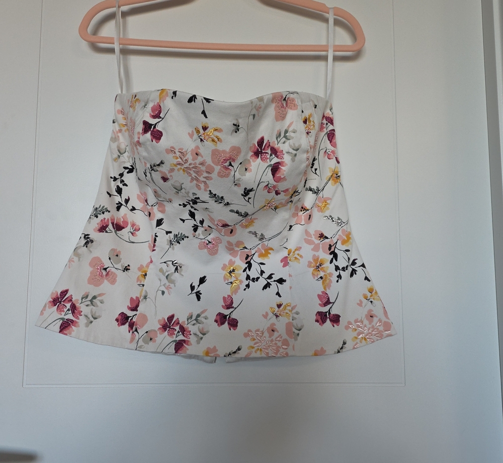White Floral Bustier Tank Top with Pink & Yellow Accents